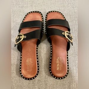 Coach and Four Italian Black Sandals with Gold Buckle and Detailing